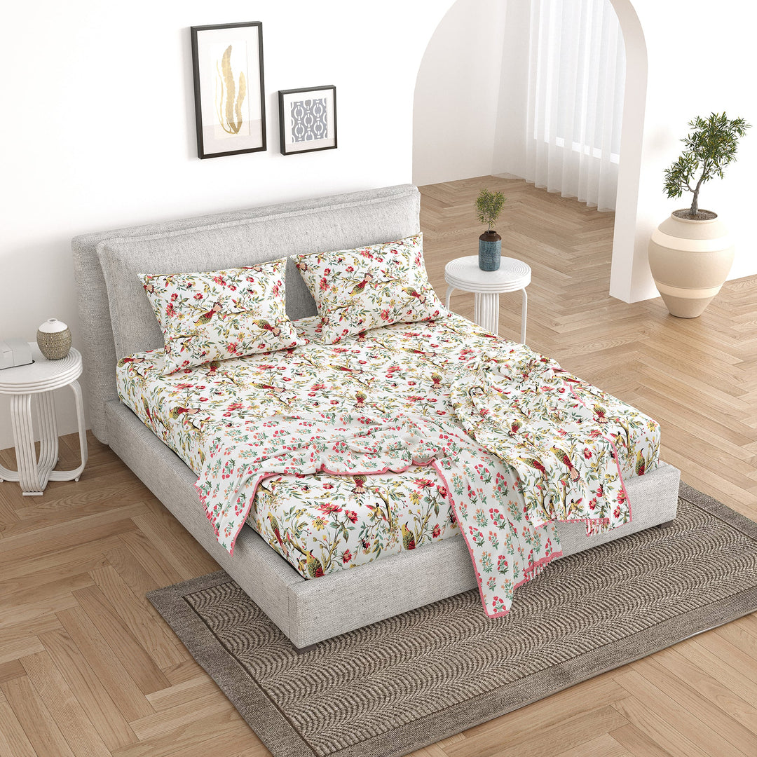 Bella Casa Fashion & Retail Ltd Bedding Set 90 x 108 inch / Multi / Cotton 5 PC Bedding Set ( 1 Double Bedsheet with 2 Pillow Covers & 2 Reversible Single Dohar ) Floral Design Cotton Multi Colour - Oasis Bedding Set