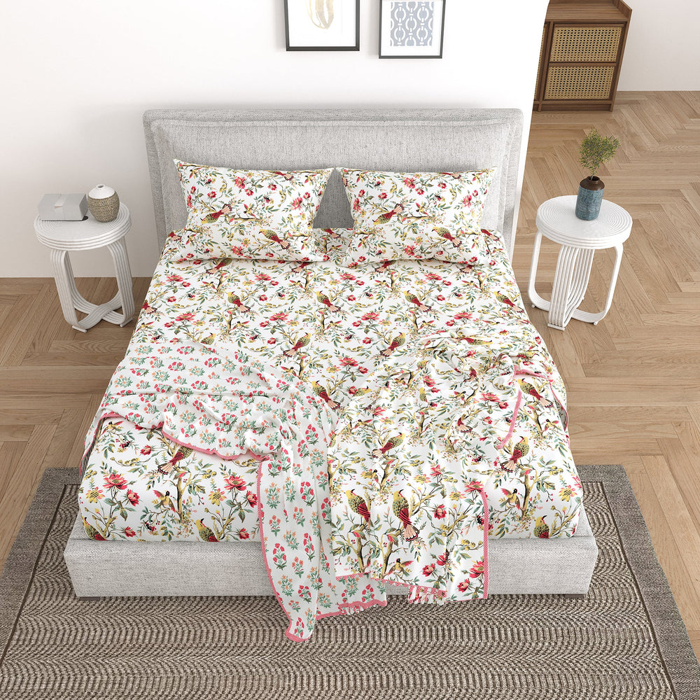 Bella Casa Fashion & Retail Ltd Bedding Set 90 x 108 inch / Multi / Cotton 5 PC Bedding Set ( 1 Double Bedsheet with 2 Pillow Covers & 2 Reversible Single Dohar ) Floral Design Cotton Multi Colour - Oasis Bedding Set