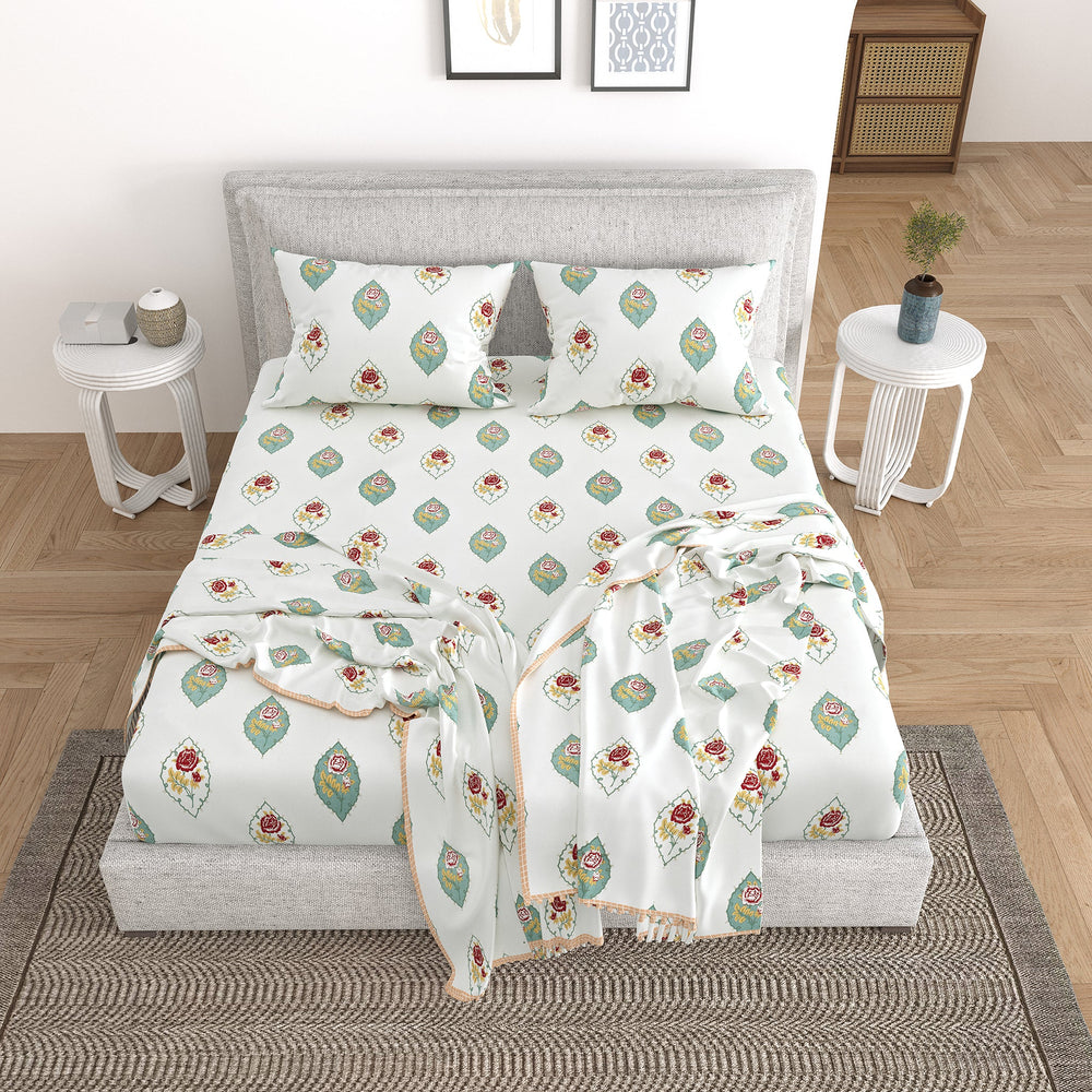 Bella Casa Fashion & Retail Ltd Bedding Set 90 x 108 inch / Multi / Cotton 5 PC Bedding Set ( 1 Double Bedsheet with 2 Pillow Covers & 2 Reversible Single Dohar ) Floral Design Cotton Multi Colour - Oasis Bedding Set