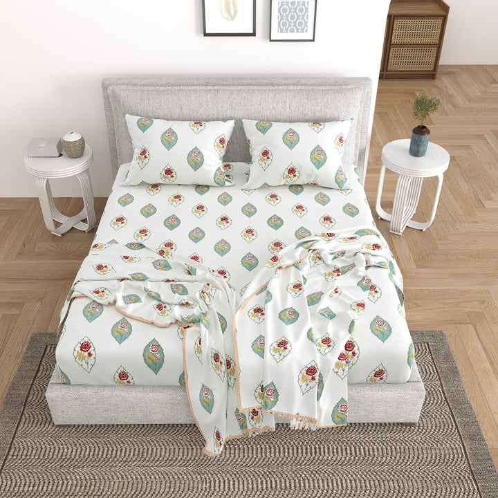 Bella Casa Fashion & Retail Ltd Bedding Set 90 x 108 inch / Multi / Cotton 5 PC Bedding Set ( 1 Double Bedsheet with 2 Pillow Covers & 2 Reversible Single Dohar ) Floral Design Cotton Multi Colour - Oasis Bedding Set