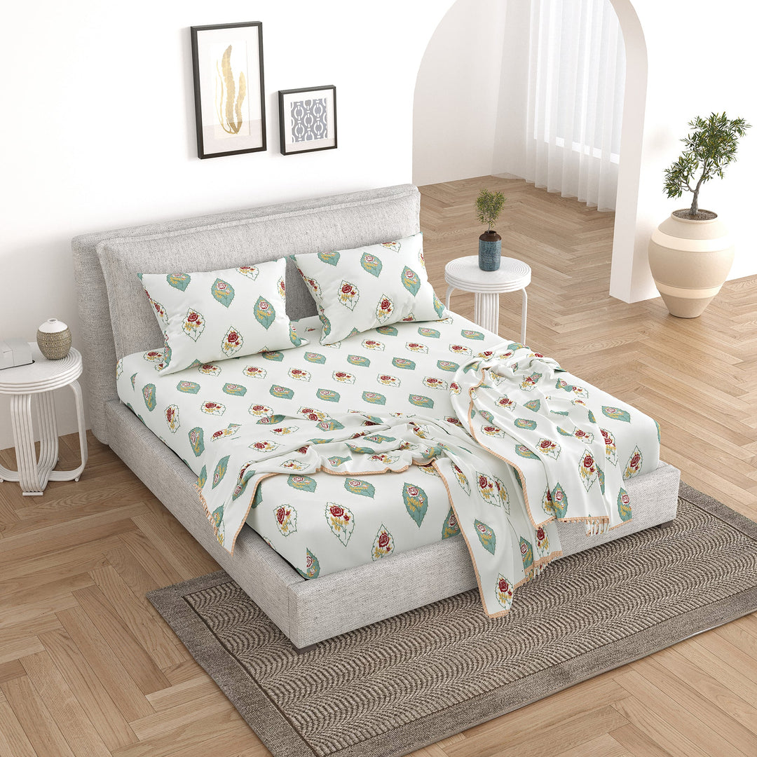 Bella Casa Fashion & Retail Ltd Bedding Set 90 x 108 inch / Multi / Cotton 5 PC Bedding Set ( 1 Double Bedsheet with 2 Pillow Covers & 2 Reversible Single Dohar ) Floral Design Cotton Multi Colour - Oasis Bedding Set