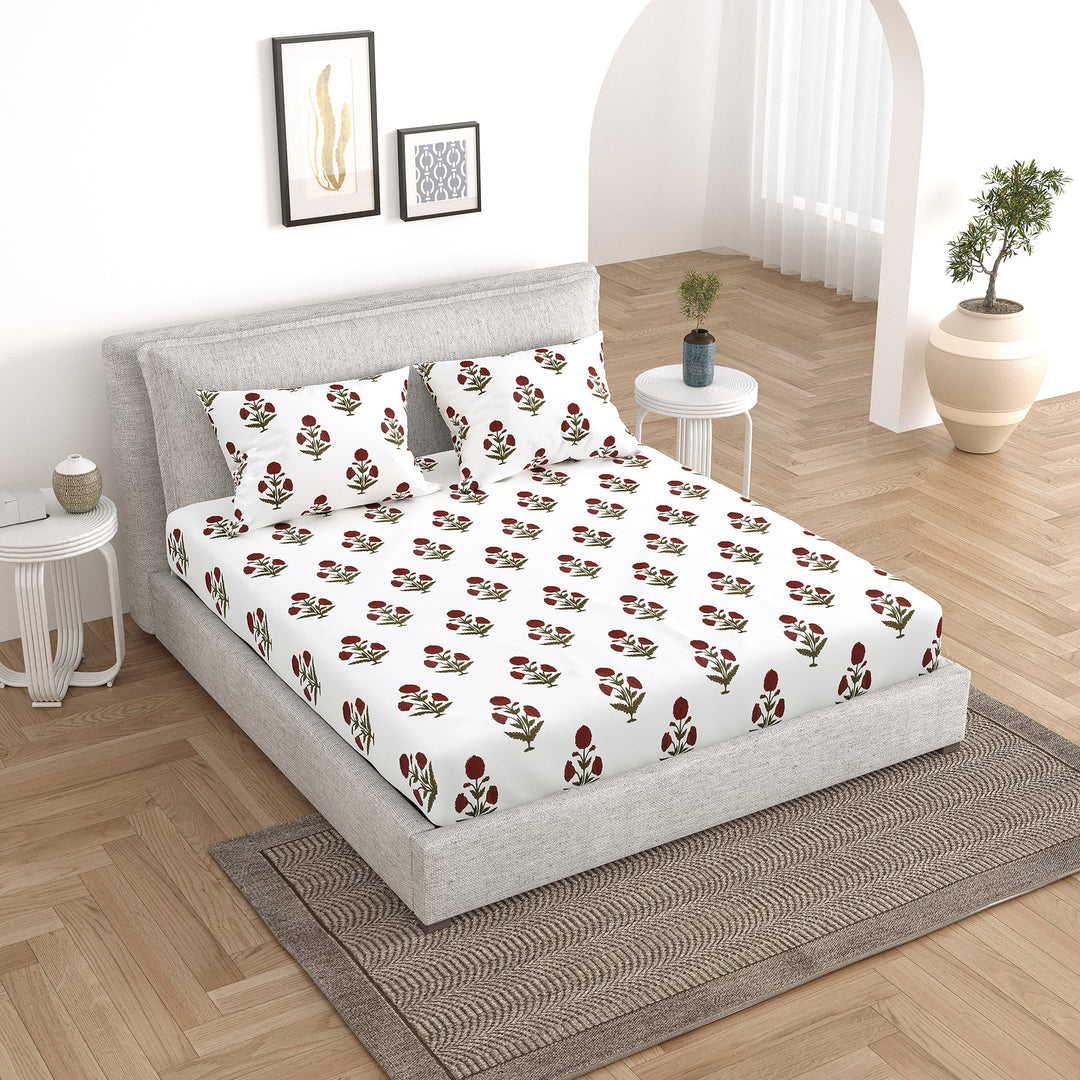 Bella Casa Fashion & Retail Ltd Bedding Set 90 x 108 inch / Red / Cotton 5 PC Bedding Set ( 1 Double Bedsheet with 2 Pillow Covers & 2 Reversible Single Dohar ) Floral Design Cotton Red Colour - Oasis Bedding Set