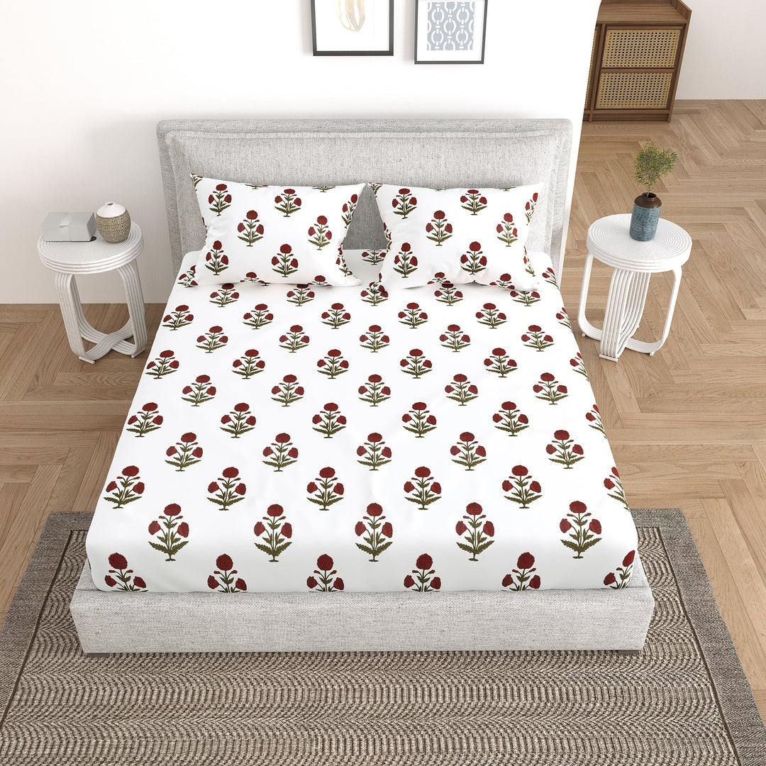 Bella Casa Fashion & Retail Ltd Bedding Set 90 x 108 inch / Red / Cotton 5 PC Bedding Set ( 1 Double Bedsheet with 2 Pillow Covers & 2 Reversible Single Dohar ) Floral Design Cotton Red Colour - Oasis Bedding Set