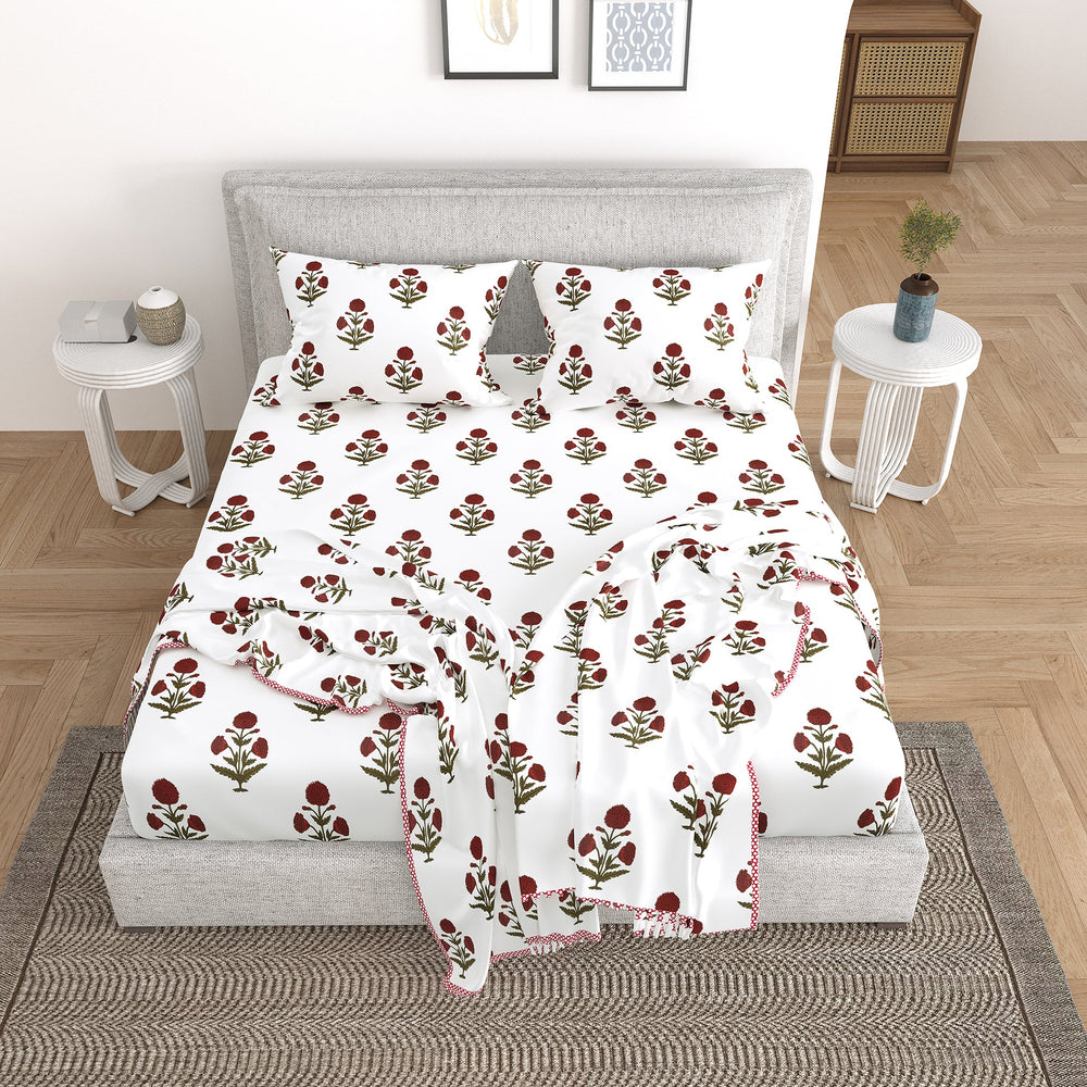 Bella Casa Fashion & Retail Ltd Bedding Set 90 x 108 inch / Red / Cotton 5 PC Bedding Set ( 1 Double Bedsheet with 2 Pillow Covers & 2 Reversible Single Dohar ) Floral Design Cotton Red Colour - Oasis Bedding Set