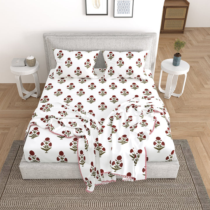 Bella Casa Fashion & Retail Ltd Bedding Set 90 x 108 inch / Red / Cotton 5 PC Bedding Set ( 1 Double Bedsheet with 2 Pillow Covers & 2 Reversible Single Dohar ) Floral Design Cotton Red Colour - Oasis Bedding Set