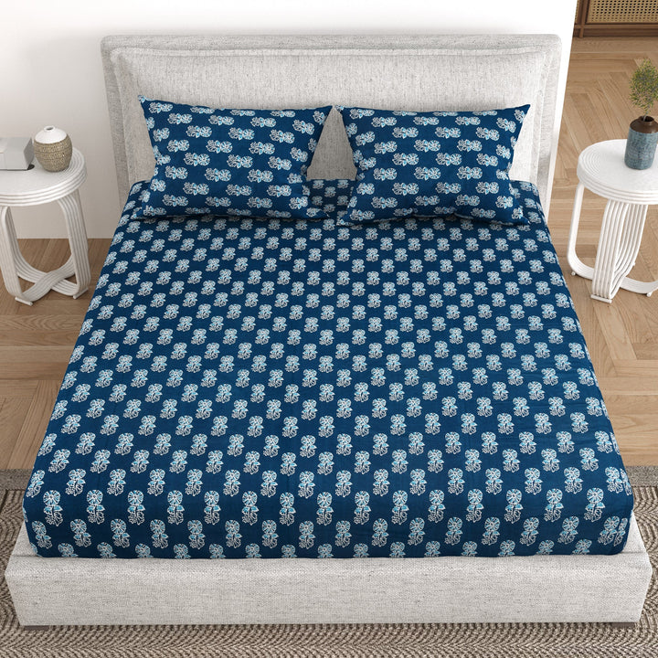 Bella Casa Fashion & Retail Ltd Bedding Set 93 x 108 inch / Blue / Cotton 5 PC Bedding Set ( 1 Double Bedsheet with 2 Pillow Covers & 2 Single Dohar ) Floral Design Cotton Blue Colour - Kalamkari Collection