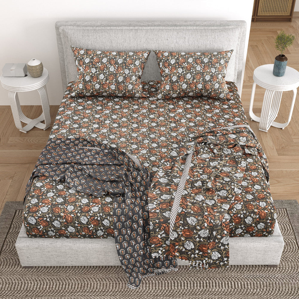 Bella Casa Fashion & Retail Ltd Bedding Set 93 x 108 inch / Multi / Cotton 5 PC Bedding Set ( 1 Double Bedsheet with 2 Pillow Covers & 2 Single Dohar ) Floral Design Cotton Multi Colour - Kalamkari Collection