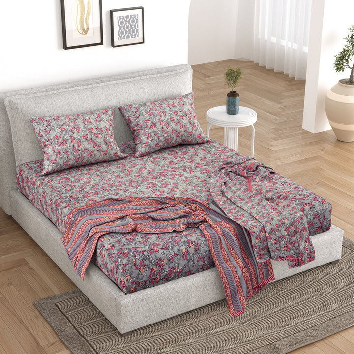 Bella Casa Fashion & Retail Ltd Bedding Set 93 x 108 inch / Multi / Cotton Copy of 5 PC Bedding Set ( 1 Double Bedsheet with 2 Pillow Covers & 2 Single Dohar ) Floral Design Cotton Multi Colour - Kalamkari Collection