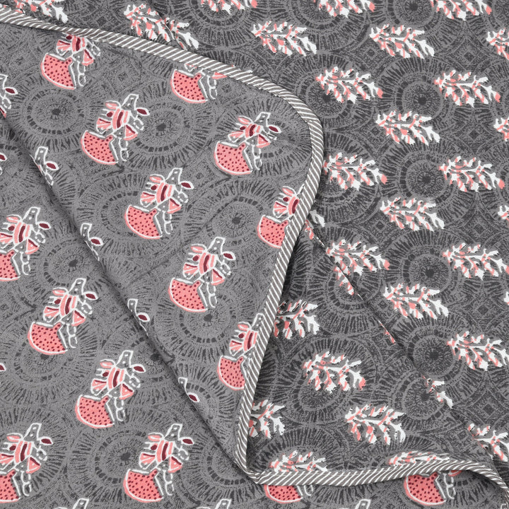 Bella Casa Fashion & Retail Ltd Bedding Set 93 x 108 inch / Pink & Brown / Cotton 5 PC Bedding Set ( 1 Double Bedsheet with 2 Pillow Covers & 2 Single Dohar ) Floral Design Cotton Pink & Brown Colour - Kalamkari Collection