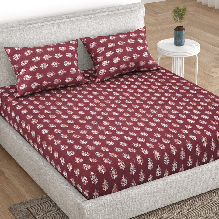 Bella Casa Fashion & Retail Ltd Bedding Set 93 x 108 inch / Red & White / Cotton 5 PC Bedding Set ( 1 Double Bedsheet with 2 Pillow Covers & 2 Single Dohar ) Floral Design Cotton Red & White Colour - Kalamkari Collection