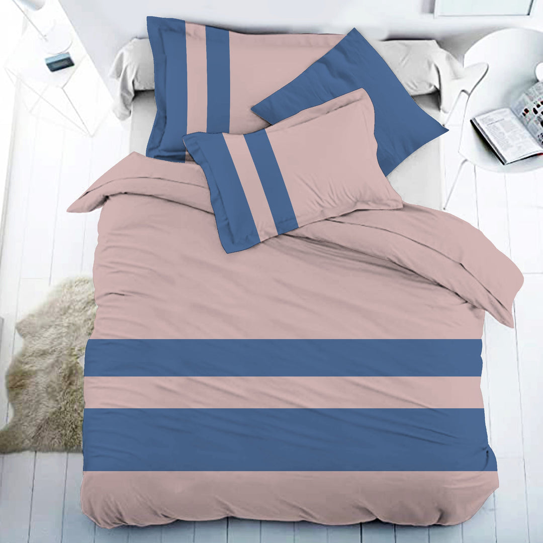 Bella Casa Fashion & Retail Ltd BEDSHEET 108 X 108 Inch / Beige & Blue / 100 % Premium Cotton Super King Size Double Bedsheet Set Premium Cotton with 2 Pillow Covers Digital Printed Beige & Blue Coloured - Heaven Stripe Collection