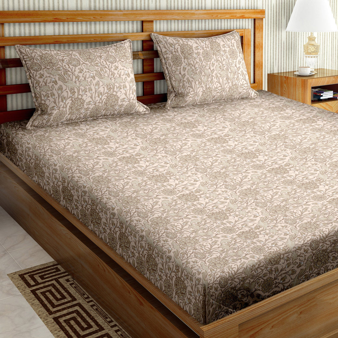 Bella Casa Fashion & Retail Ltd BEDSHEET 108 X 108 Inch / Beige / Cotton Double Bedsheet Set Cotton Super King Size with 2 Pillow Covers Floral Design Beige Colour - Paris Collection