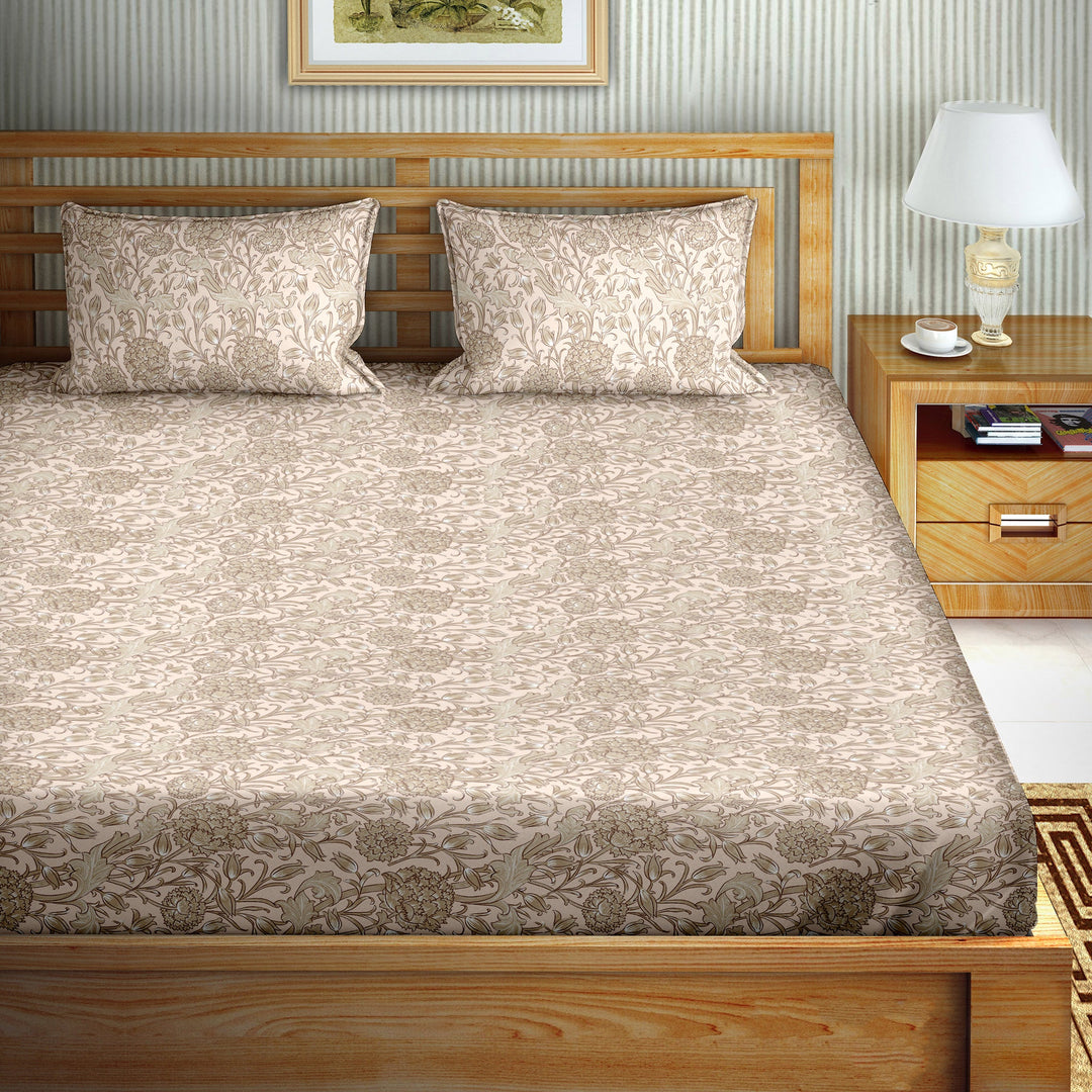 Bella Casa Fashion & Retail Ltd BEDSHEET 108 X 108 Inch / Beige / Cotton Double Bedsheet Set Cotton Super King Size with 2 Pillow Covers Floral Design Beige Colour - Paris Collection