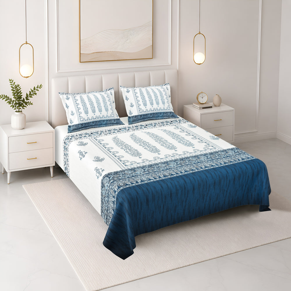 Bella Casa Fashion & Retail Ltd BEDSHEET 108 X 108 Inch / Blue / 100 % Premium Cotton Super King Size Double Bedsheet Set Premium Cotton with 2 Pillow Covers Digital Printed Blue Coloured - Celestia Designer Collection