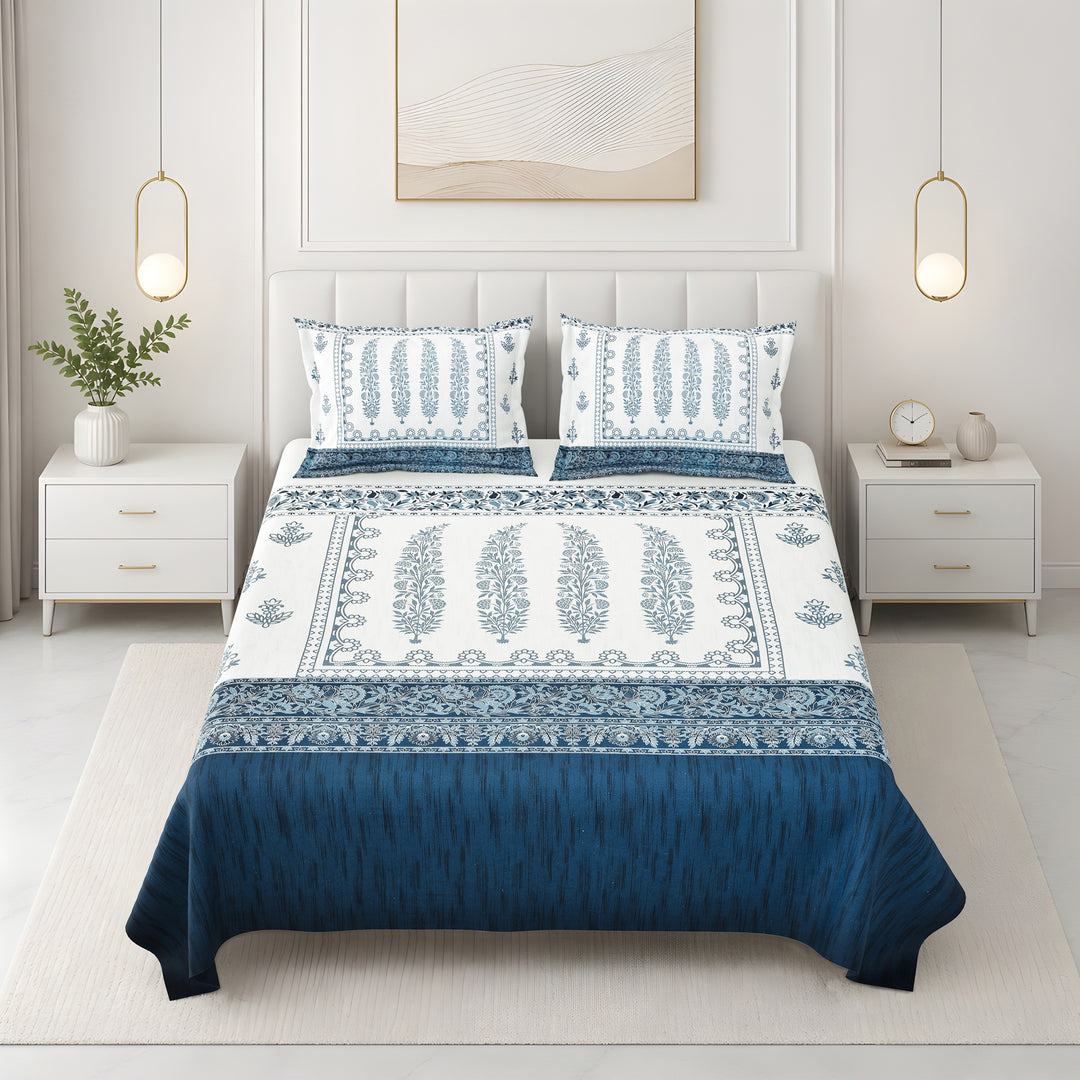 Bella Casa Fashion & Retail Ltd BEDSHEET 108 X 108 Inch / Blue / 100 % Premium Cotton Super King Size Double Bedsheet Set Premium Cotton with 2 Pillow Covers Digital Printed Blue Coloured - Celestia Designer Collection
