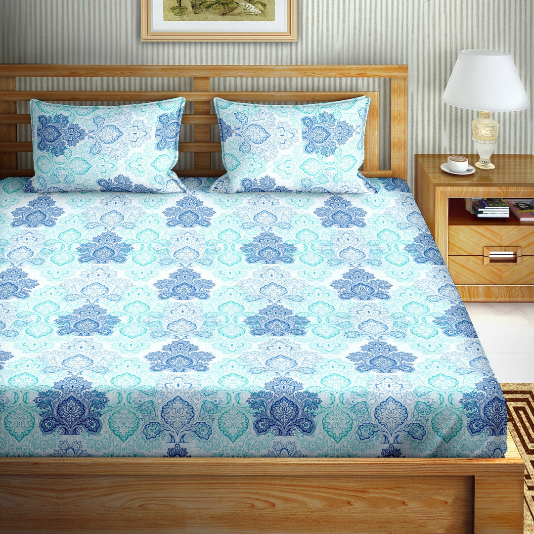 Bella Casa Fashion & Retail Ltd  BEDSHEET 108 X 108 Inch / Blue / Cotton Double Bedsheet Set Cotton Super King Size with 2 Pillow Covers Abstract Design Blue Colour - Paris Collection