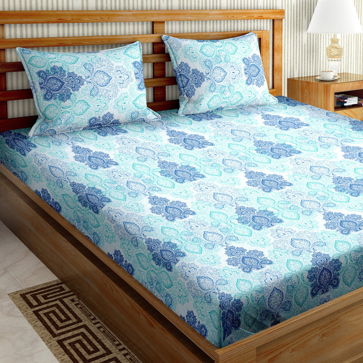 Bella Casa Fashion & Retail Ltd  BEDSHEET 108 X 108 Inch / Blue / Cotton Double Bedsheet Set Cotton Super King Size with 2 Pillow Covers Abstract Design Blue Colour - Paris Collection