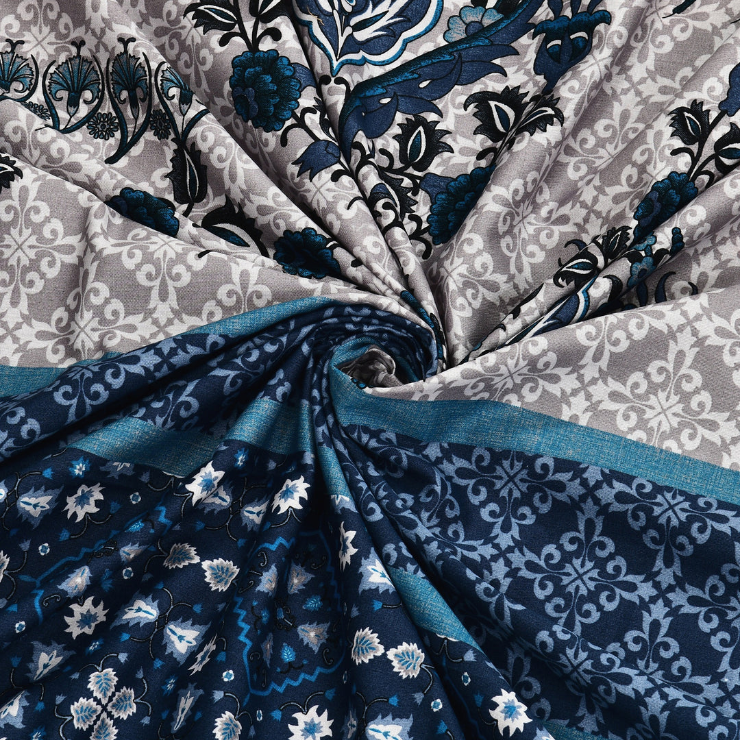 Bella Casa Fashion & Retail Ltd BEDSHEET 108 X 108 Inch / Blue & Grey / 100 % Premium Cotton Super King Size Double Bedsheet Set Premium Cotton with 2 Pillow Covers Digital Printed Blue & Grey Coloured - Celestia Designer Collection