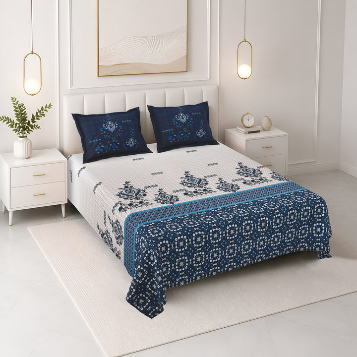 Bella Casa Fashion & Retail Ltd BEDSHEET 108 X 108 Inch / Blue & Grey / 100 % Premium Cotton Super King Size Double Bedsheet Set Premium Cotton with 2 Pillow Covers Digital Printed Blue & Grey Coloured - Celestia Designer Collection