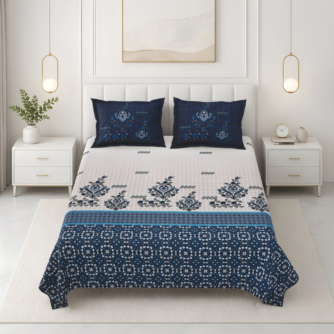 Bella Casa Fashion & Retail Ltd BEDSHEET 108 X 108 Inch / Blue & Grey / 100 % Premium Cotton Super King Size Double Bedsheet Set Premium Cotton with 2 Pillow Covers Digital Printed Blue & Grey Coloured - Celestia Designer Collection