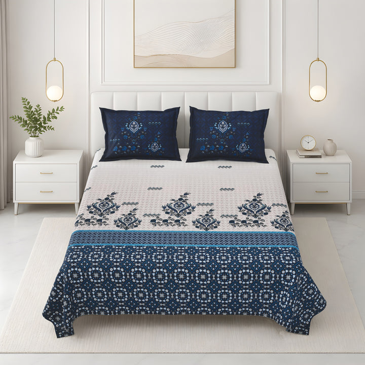 Bella Casa Fashion & Retail Ltd BEDSHEET 108 X 108 Inch / Blue & Grey / 100 % Premium Cotton Super King Size Double Bedsheet Set Premium Cotton with 2 Pillow Covers Digital Printed Blue & Grey Coloured - Celestia Designer Collection