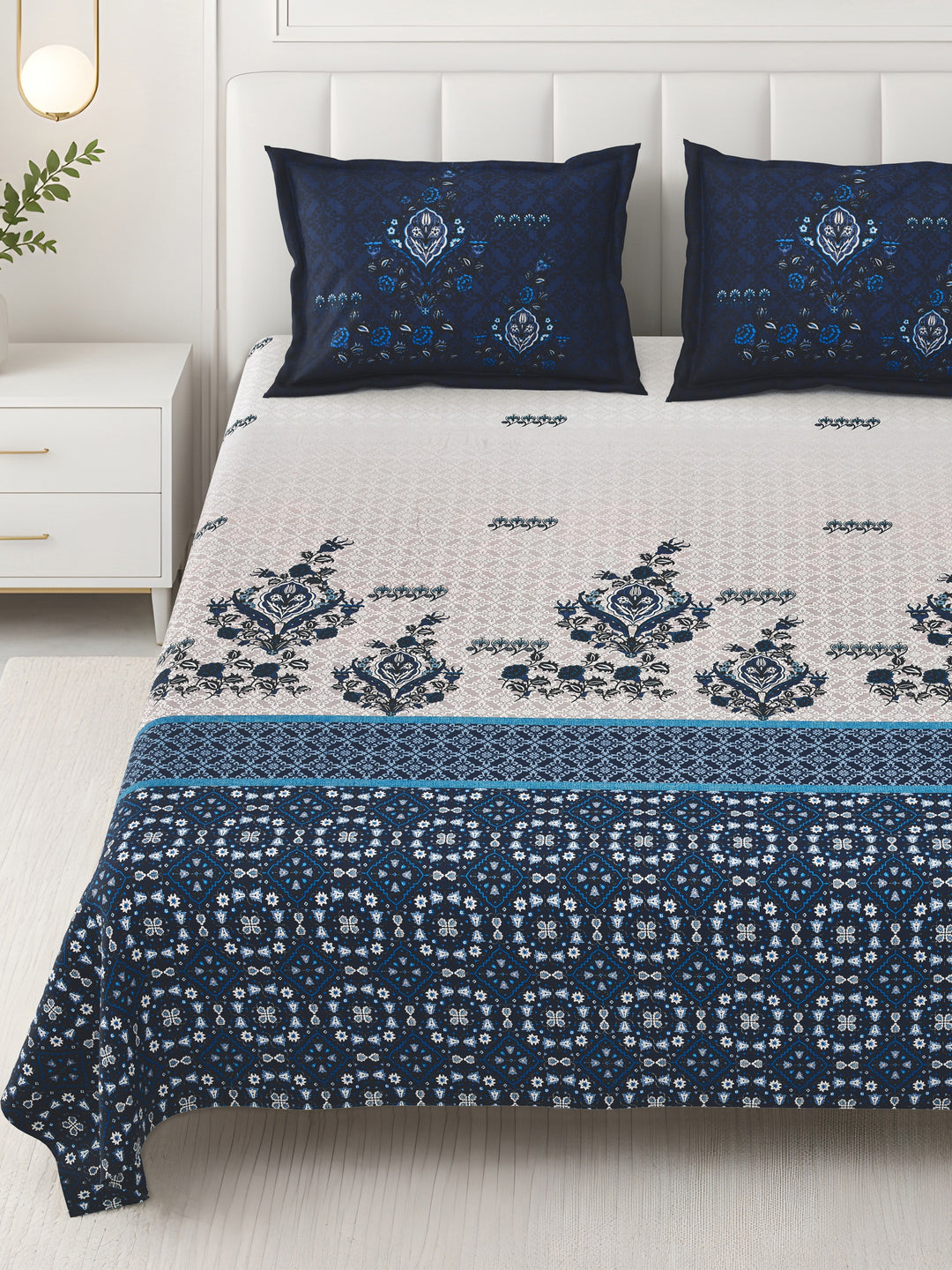 Bella Casa Fashion & Retail Ltd BEDSHEET 108 X 108 Inch / Blue & Grey / 100 % Premium Cotton Super King Size Double Bedsheet Set Premium Cotton with 2 Pillow Covers Digital Printed Blue & Grey Coloured - Celestia Designer Collection