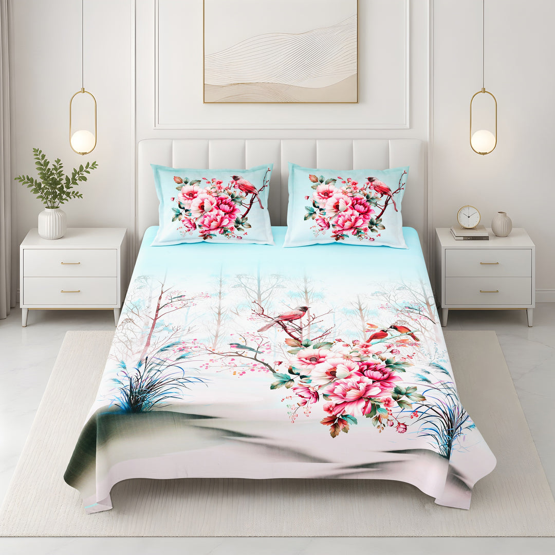 Bella Casa Fashion & Retail Ltd BEDSHEET 108 X 108 Inch / Blue & Multi / 100 % Premium Cotton Super King Size Double Bedsheet Set Premium Cotton with 2 Pillow Covers Digital Printed Blue & Multi Coloured - Celestia Designer Collection