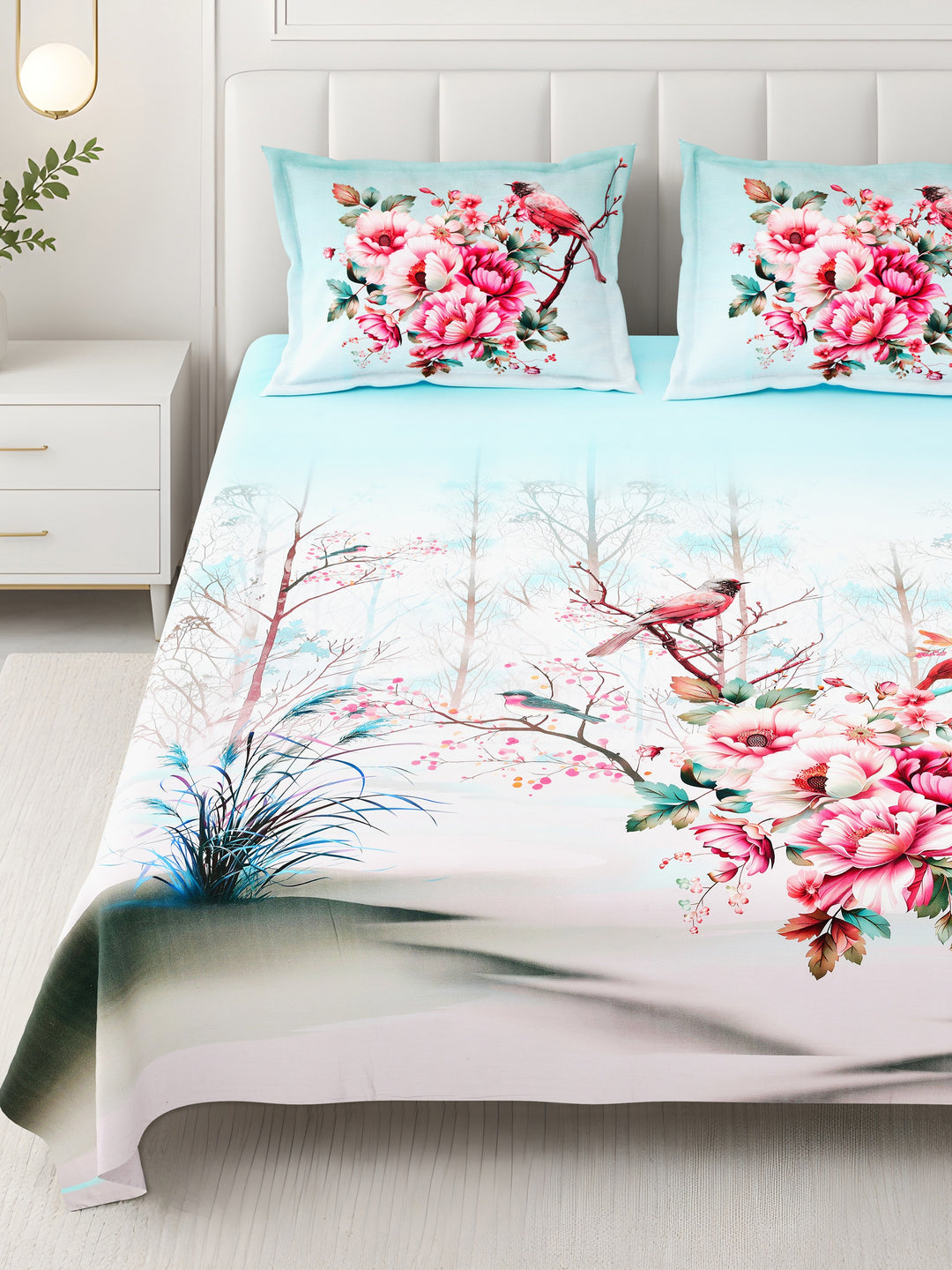 Bella Casa Fashion & Retail Ltd BEDSHEET 108 X 108 Inch / Blue & Multi / 100 % Premium Cotton Super King Size Double Bedsheet Set Premium Cotton with 2 Pillow Covers Digital Printed Blue & Multi Coloured - Celestia Designer Collection