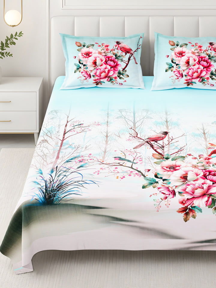 Bella Casa Fashion & Retail Ltd BEDSHEET 108 X 108 Inch / Blue & Multi / 100 % Premium Cotton Super King Size Double Bedsheet Set Premium Cotton with 2 Pillow Covers Digital Printed Blue & Multi Coloured - Celestia Designer Collection