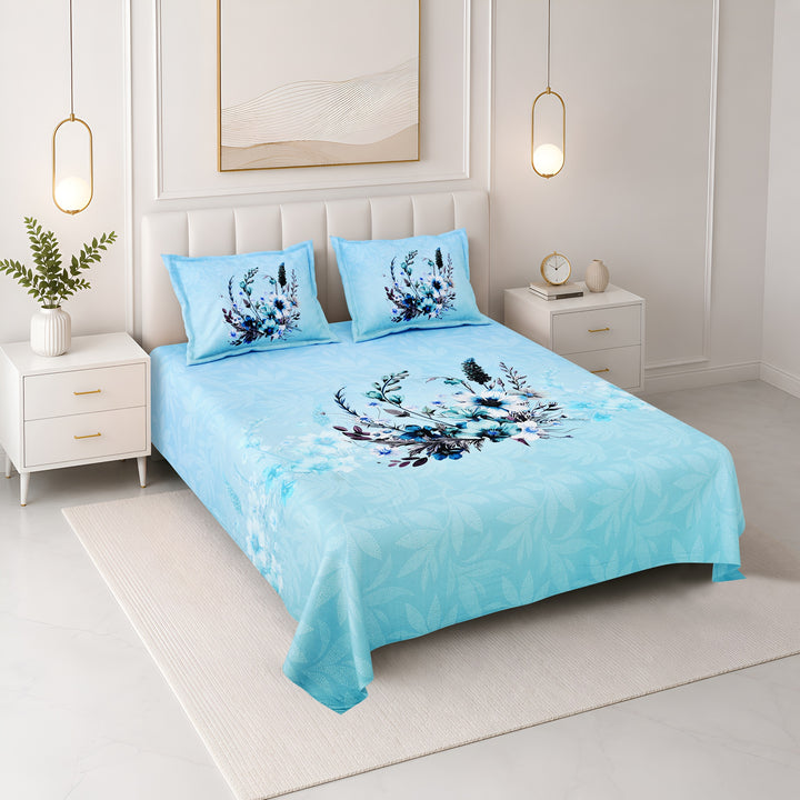 Bella Casa Fashion & Retail Ltd BEDSHEET 108 X 108 Inch / Blue & Multi / 100 % Premium Cotton Super King Size Double Bedsheet Set Premium Cotton with 2 Pillow Covers Digital Printed Blue & Multi Coloured - Celestia Designer Collection