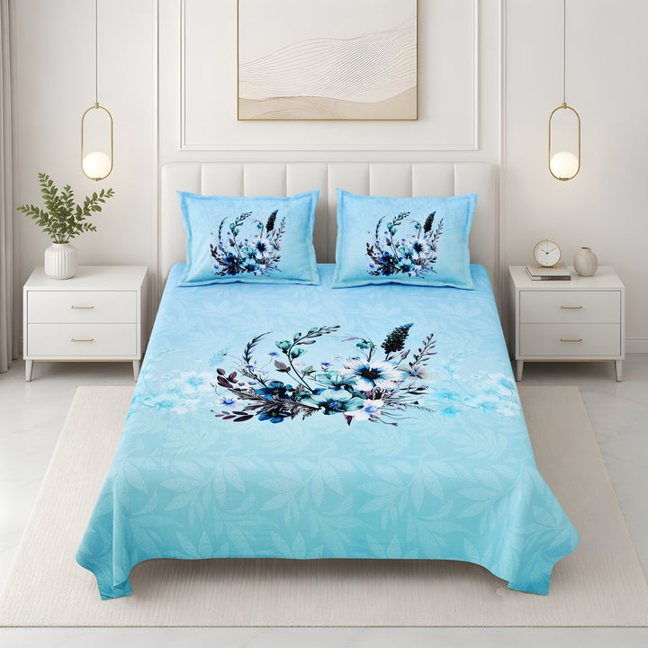 Bella Casa Fashion & Retail Ltd BEDSHEET 108 X 108 Inch / Blue & Multi / 100 % Premium Cotton Super King Size Double Bedsheet Set Premium Cotton with 2 Pillow Covers Digital Printed Blue & Multi Coloured - Celestia Designer Collection