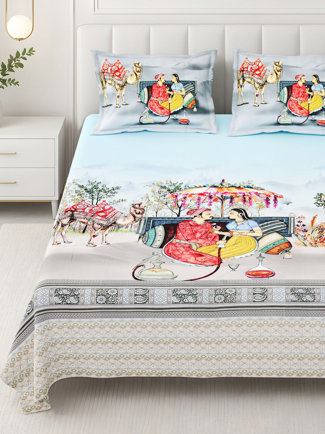 Bella Casa Fashion & Retail Ltd BEDSHEET 108 X 108 Inch / Blue & Multi / 100 % Premium Cotton Super King Size Double Bedsheet Set Premium Cotton with 2 Pillow Covers Digital Printed Blue & Multi Coloured - Celestia Designer Collection