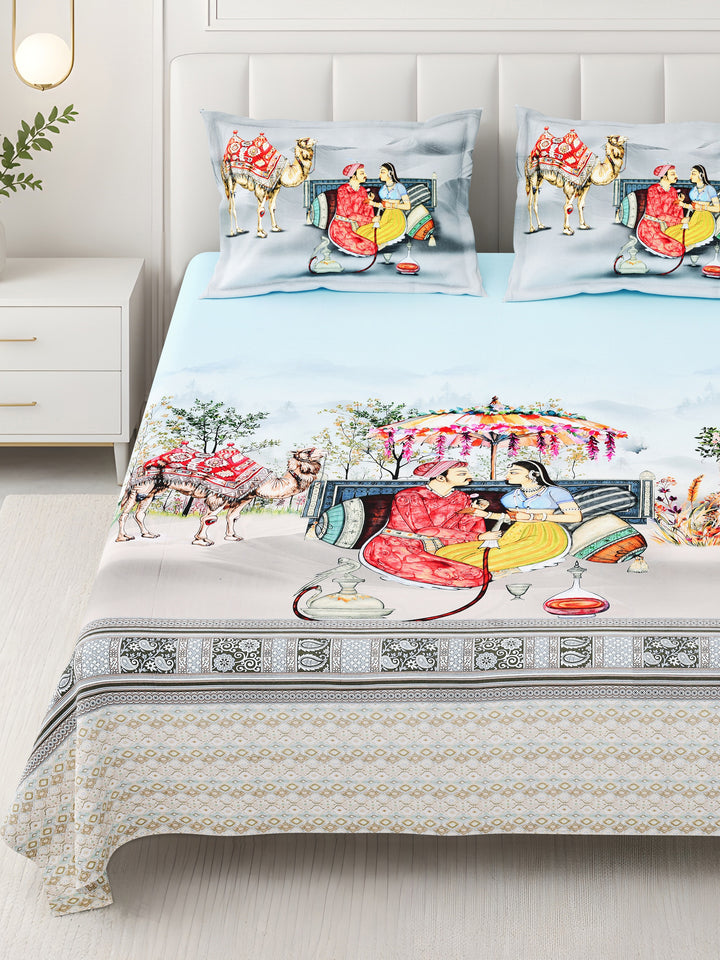 Bella Casa Fashion & Retail Ltd BEDSHEET 108 X 108 Inch / Blue & Multi / 100 % Premium Cotton Super King Size Double Bedsheet Set Premium Cotton with 2 Pillow Covers Digital Printed Blue & Multi Coloured - Celestia Designer Collection