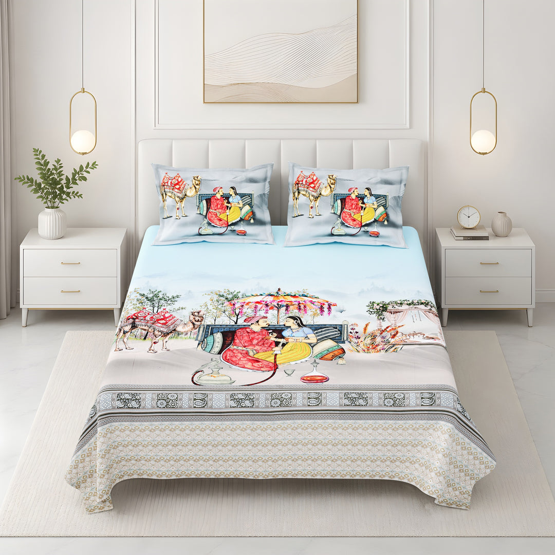 Bella Casa Fashion & Retail Ltd BEDSHEET 108 X 108 Inch / Blue & Multi / 100 % Premium Cotton Super King Size Double Bedsheet Set Premium Cotton with 2 Pillow Covers Digital Printed Blue & Multi Coloured - Celestia Designer Collection