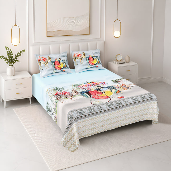 Bella Casa Fashion & Retail Ltd BEDSHEET 108 X 108 Inch / Blue & Multi / 100 % Premium Cotton Super King Size Double Bedsheet Set Premium Cotton with 2 Pillow Covers Digital Printed Blue & Multi Coloured - Celestia Designer Collection