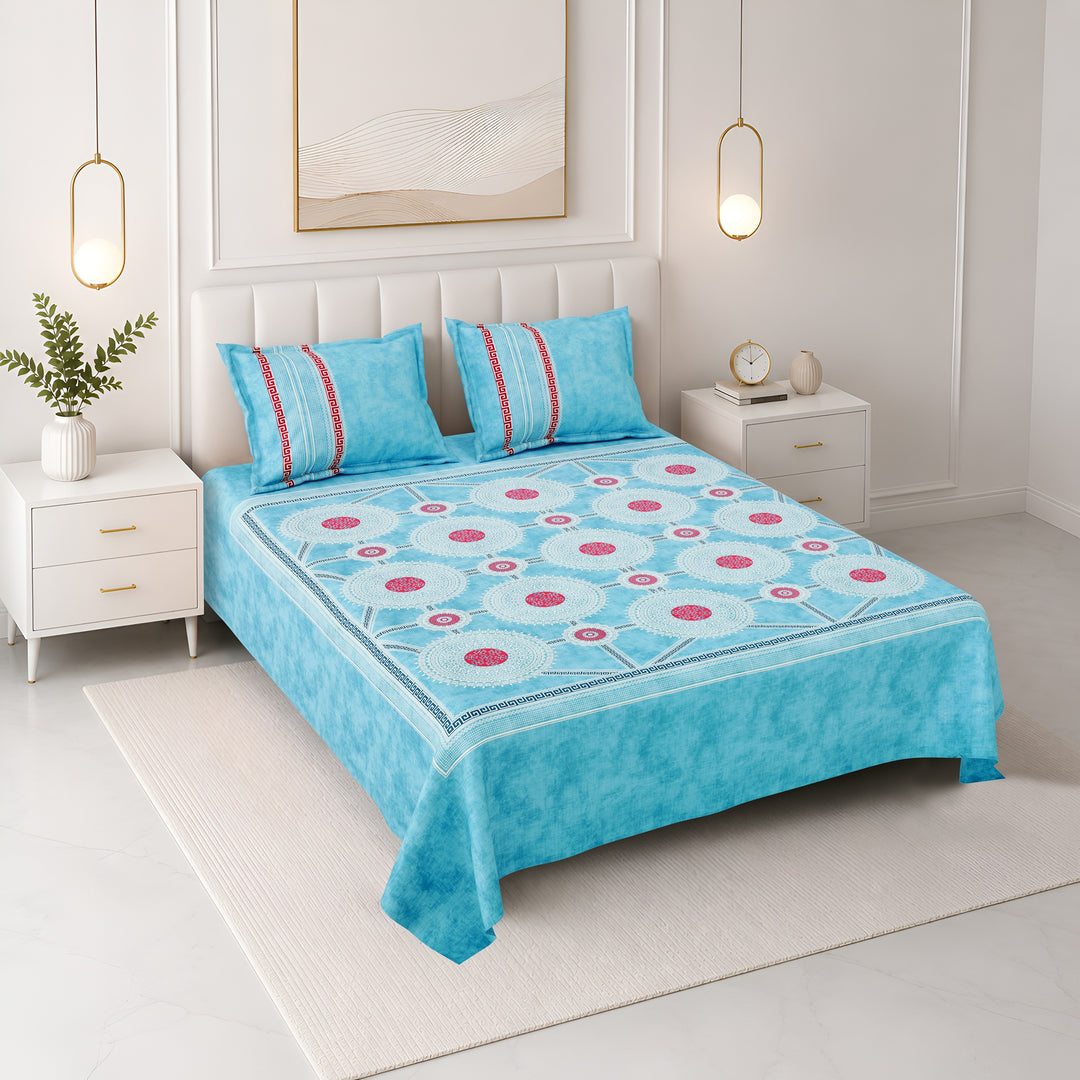 Bella Casa Fashion & Retail Ltd BEDSHEET 108 X 108 Inch / Blue & Red / 100 % Premium Cotton Super King Size Double Bedsheet Set Premium Cotton with 2 Pillow Covers Digital Printed Blue & Red Coloured - Celestia Designer Collection