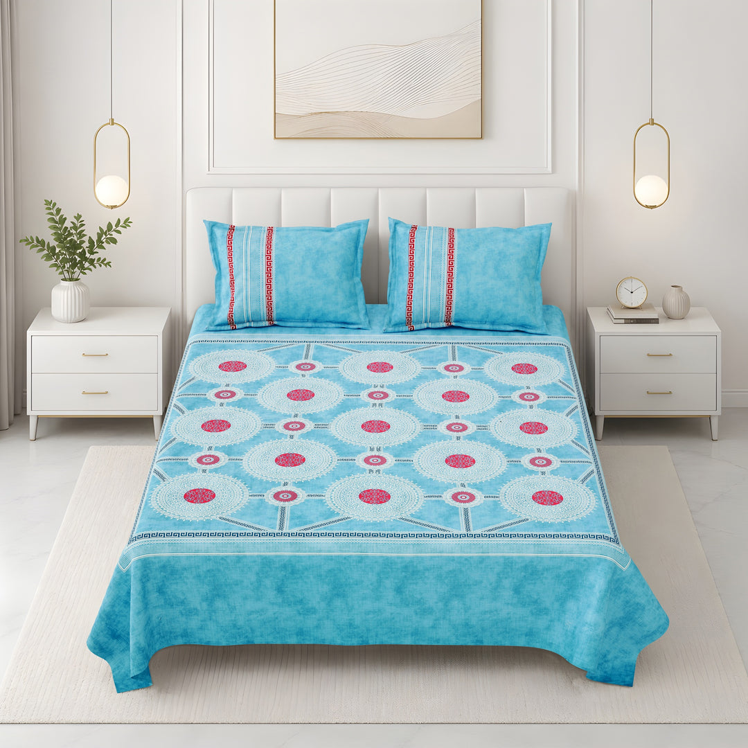 Bella Casa Fashion & Retail Ltd BEDSHEET 108 X 108 Inch / Blue & Red / 100 % Premium Cotton Super King Size Double Bedsheet Set Premium Cotton with 2 Pillow Covers Digital Printed Blue & Red Coloured - Celestia Designer Collection