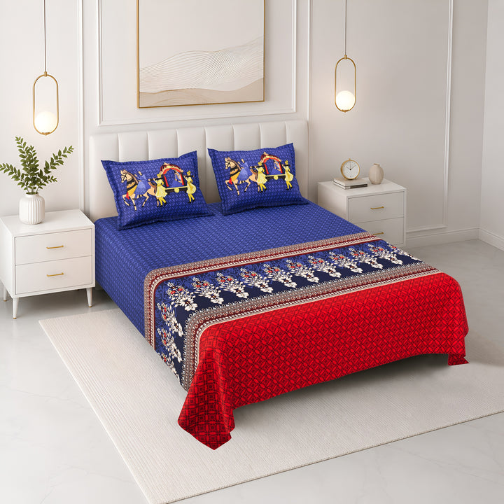 Bella Casa Fashion & Retail Ltd BEDSHEET 108 X 108 Inch / Blue & Red / 100 % Premium Cotton Super King Size Double Bedsheet Set Premium Cotton with 2 Pillow Covers Digital Printed Blue & Red Coloured - Celestia Designer Collection