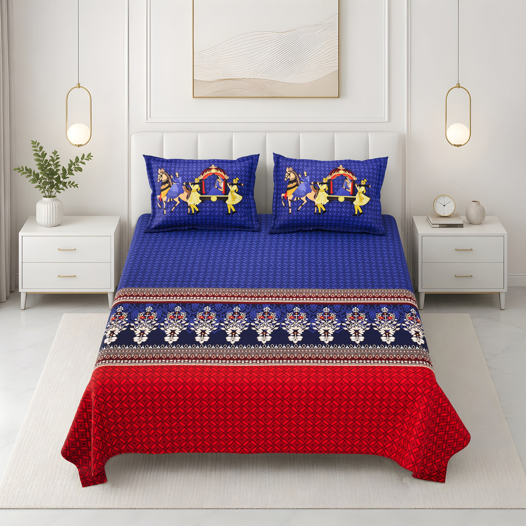 Bella Casa Fashion & Retail Ltd BEDSHEET 108 X 108 Inch / Blue & Red / 100 % Premium Cotton Super King Size Double Bedsheet Set Premium Cotton with 2 Pillow Covers Digital Printed Blue & Red Coloured - Celestia Designer Collection