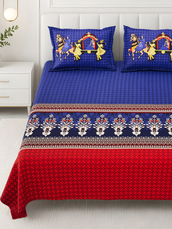 Bella Casa Fashion & Retail Ltd BEDSHEET 108 X 108 Inch / Blue & Red / 100 % Premium Cotton Super King Size Double Bedsheet Set Premium Cotton with 2 Pillow Covers Digital Printed Blue & Red Coloured - Celestia Designer Collection