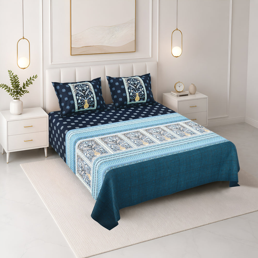 Bella Casa Fashion & Retail Ltd BEDSHEET 108 X 108 Inch / Blue & Teal / 100 % Premium Cotton Super King Size Double Bedsheet Set Premium Cotton with 2 Pillow Covers Digital Printed Blue & Teal Coloured - Celestia Designer Collection