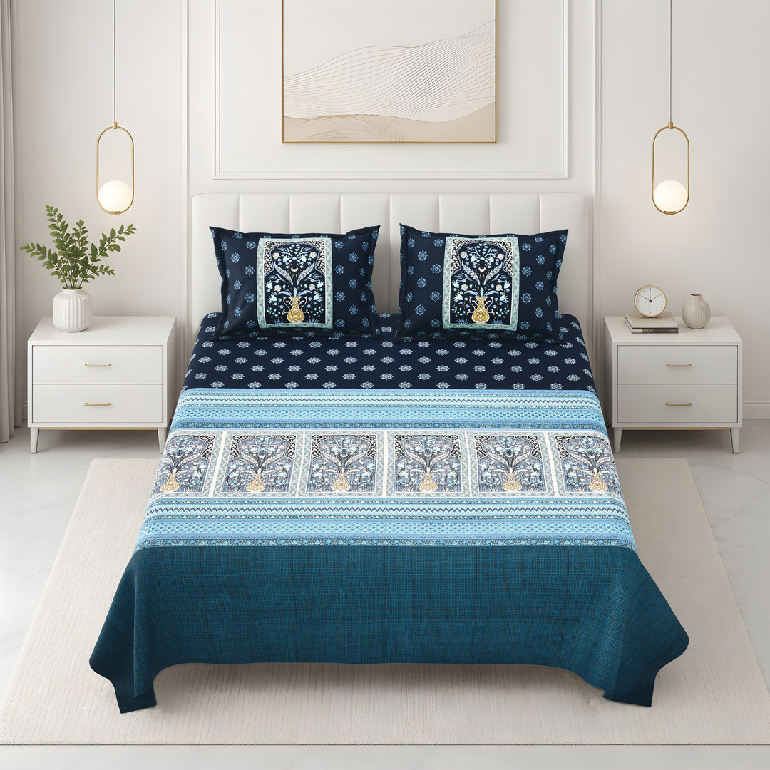 Bella Casa Fashion & Retail Ltd BEDSHEET 108 X 108 Inch / Blue & Teal / 100 % Premium Cotton Super King Size Double Bedsheet Set Premium Cotton with 2 Pillow Covers Digital Printed Blue & Teal Coloured - Celestia Designer Collection