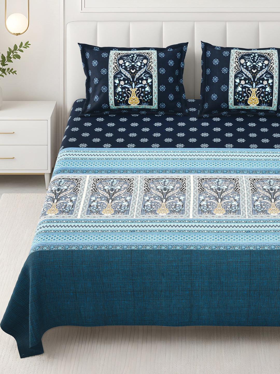 Bella Casa Fashion & Retail Ltd BEDSHEET 108 X 108 Inch / Blue & Teal / 100 % Premium Cotton Super King Size Double Bedsheet Set Premium Cotton with 2 Pillow Covers Digital Printed Blue & Teal Coloured - Celestia Designer Collection