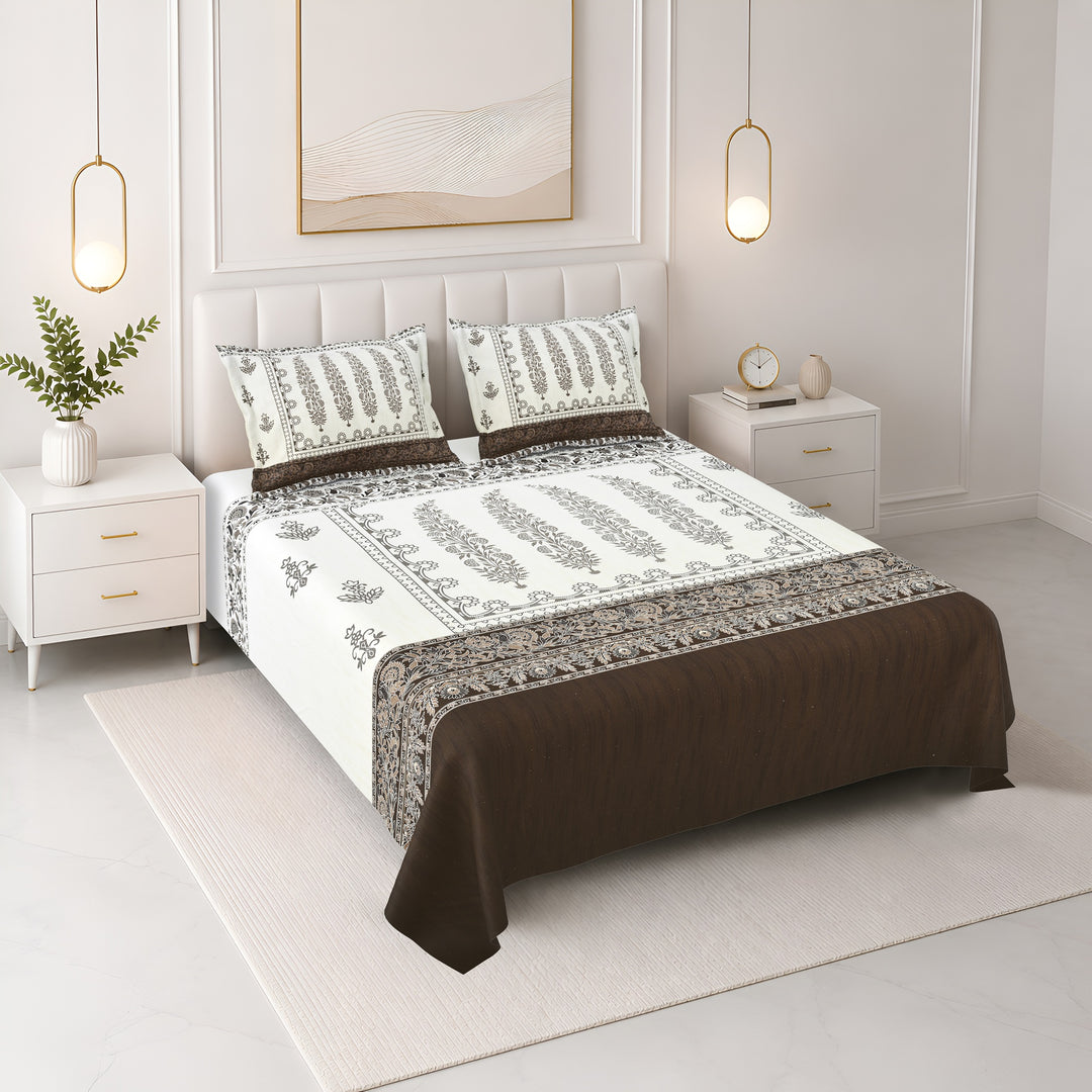Bella Casa Fashion & Retail Ltd BEDSHEET 108 X 108 Inch / Brown & Multi / 100 % Premium Cotton Super King Size Double Bedsheet Set Premium Cotton with 2 Pillow Covers Digital Printed Brown & Multi Coloured - Celestia Designer Collection