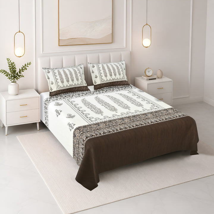 Bella Casa Fashion & Retail Ltd BEDSHEET 108 X 108 Inch / Brown & Multi / 100 % Premium Cotton Super King Size Double Bedsheet Set Premium Cotton with 2 Pillow Covers Digital Printed Brown & Multi Coloured - Celestia Designer Collection