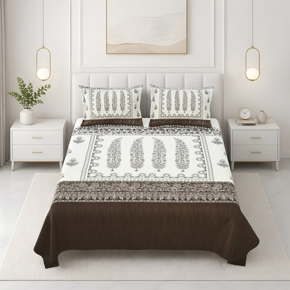 Bella Casa Fashion & Retail Ltd BEDSHEET 108 X 108 Inch / Brown & Multi / 100 % Premium Cotton Super King Size Double Bedsheet Set Premium Cotton with 2 Pillow Covers Digital Printed Brown & Multi Coloured - Celestia Designer Collection