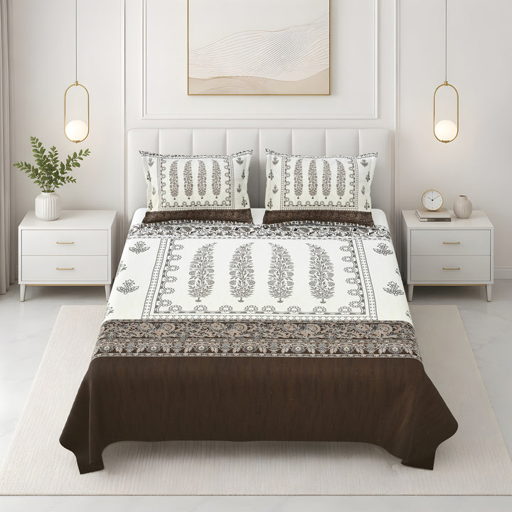Bella Casa Fashion & Retail Ltd BEDSHEET 108 X 108 Inch / Brown & Multi / 100 % Premium Cotton Super King Size Double Bedsheet Set Premium Cotton with 2 Pillow Covers Digital Printed Brown & Multi Coloured - Celestia Designer Collection
