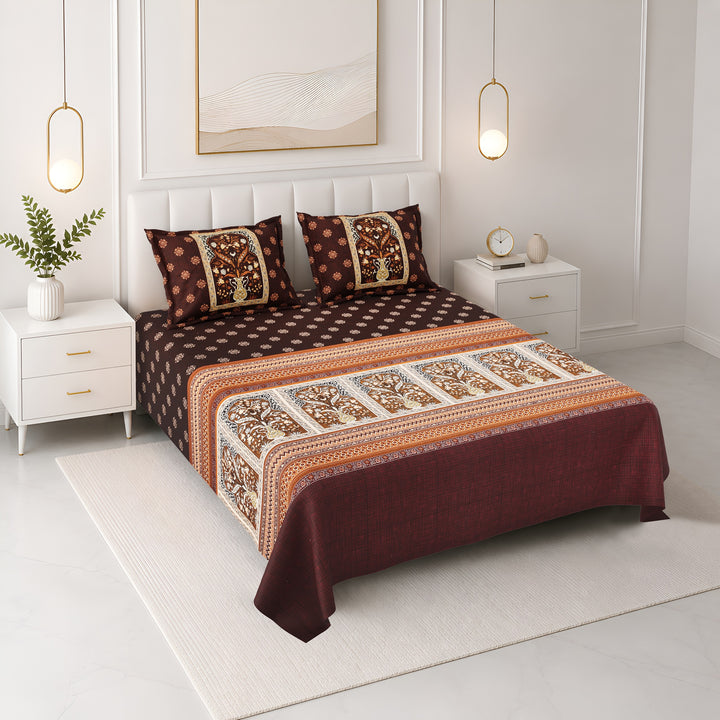 Bella Casa Fashion & Retail Ltd BEDSHEET 108 X 108 Inch / Brown & Multi / 100 % Premium Cotton Super King Size Double Bedsheet Set Premium Cotton with 2 Pillow Covers Digital Printed Brown & Multi Coloured - Celestia Designer Collection