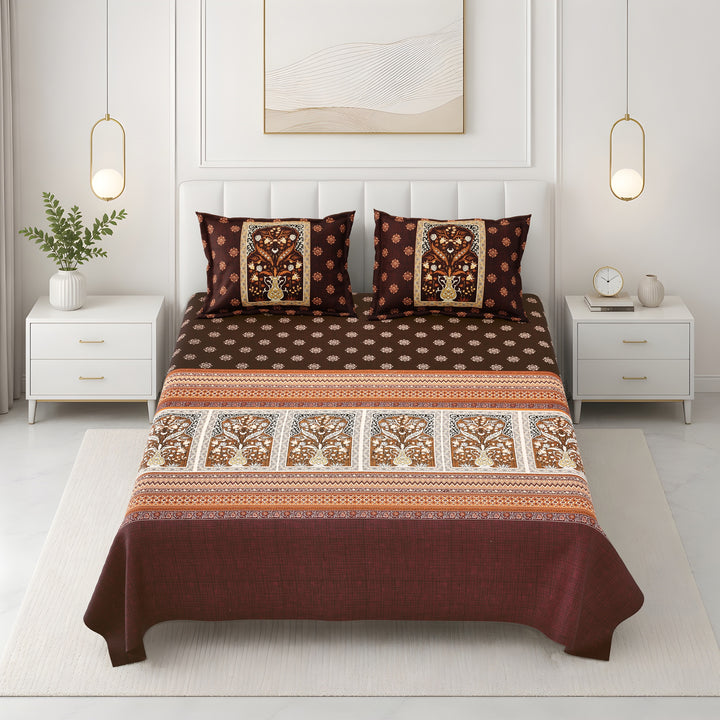 Bella Casa Fashion & Retail Ltd BEDSHEET 108 X 108 Inch / Brown & Multi / 100 % Premium Cotton Super King Size Double Bedsheet Set Premium Cotton with 2 Pillow Covers Digital Printed Brown & Multi Coloured - Celestia Designer Collection