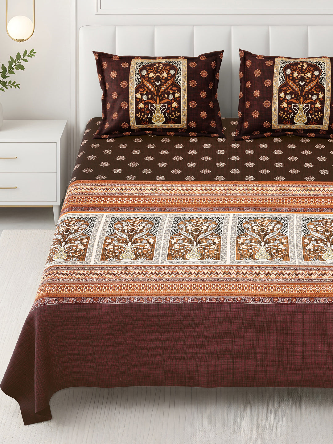 Bella Casa Fashion & Retail Ltd BEDSHEET 108 X 108 Inch / Brown & Multi / 100 % Premium Cotton Super King Size Double Bedsheet Set Premium Cotton with 2 Pillow Covers Digital Printed Brown & Multi Coloured - Celestia Designer Collection